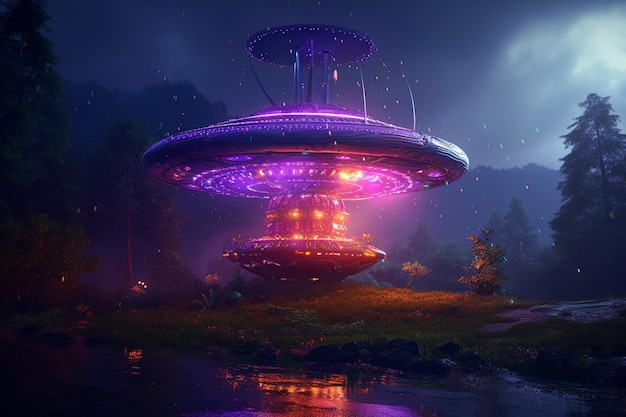 A purple ufo in the night sky