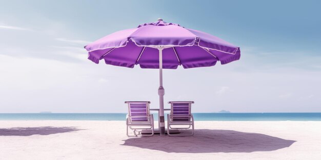 Purple Umbrella with Beach Chairs on Tropical Beach Blue Sky Background Generative AI