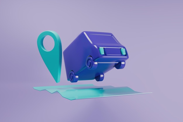 Purple van delivery and map with location 3d render