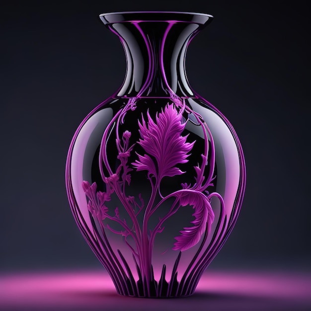 A purple vase with a flower design on it