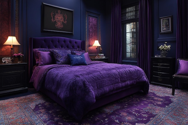 Photo purple velvet curtains in bedroom