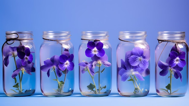 Purple viola odorata violet flower heads in a glass