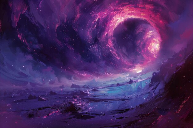 Photo purple vortex in the sky above an alien landscape