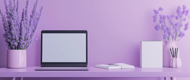 Photo a purple wall with a laptop and a white box on it