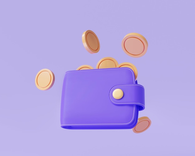 Purple wallet with floating coins on purple background about online payment Bank finance investment money wallet cashback Online money transfer 3d icon render illustration cartoon minimal style