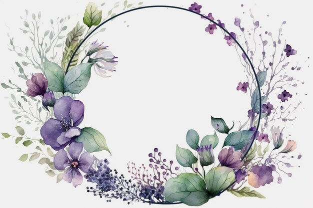 Purple watercolor floral circle frame background