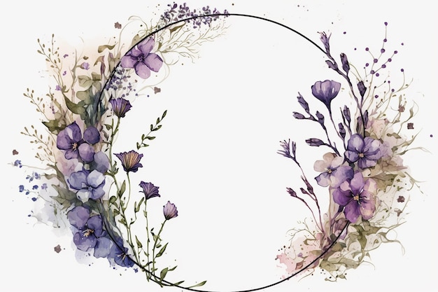 Purple watercolor floral circle frame background