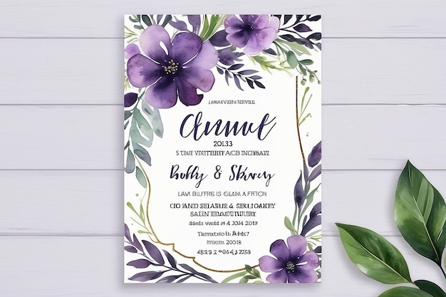 Photo purple watercolor flower baby shower invitation template