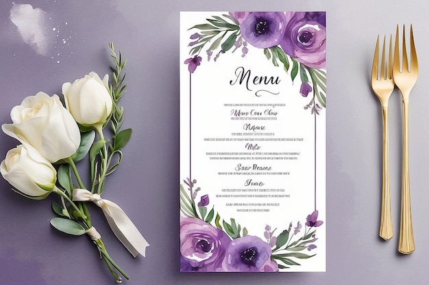 Photo purple watercolor flower wedding menu card template