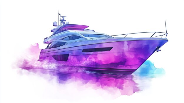 Photo purple watercolor yacht illustration with bold outlines isolated clipart