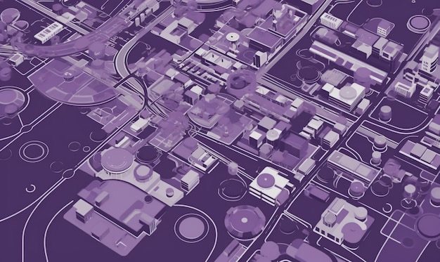 purple and white city map with lots of buildings and streets generative ai