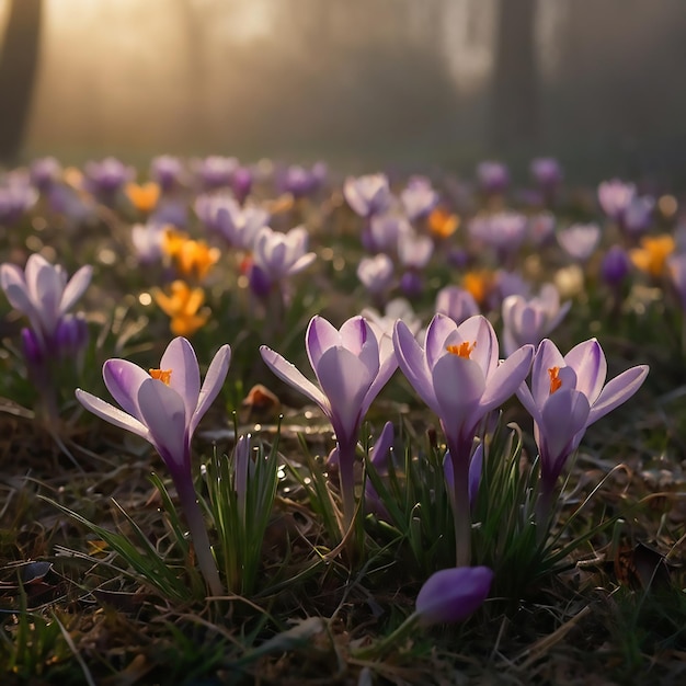 purple and white crocus flowers in a field