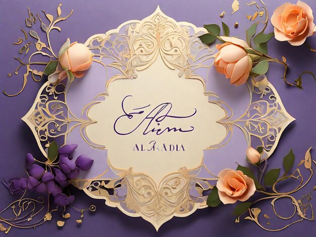 Photo a purple and white floral frame with a purple background with a gold flower