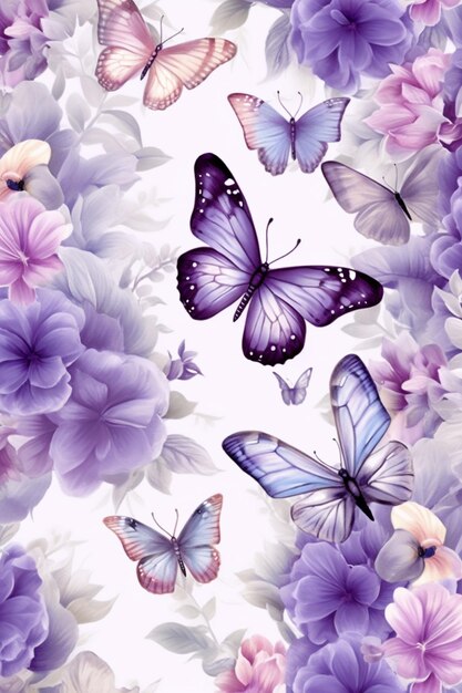 purple and white flowers and butterflies are in a field generative ai