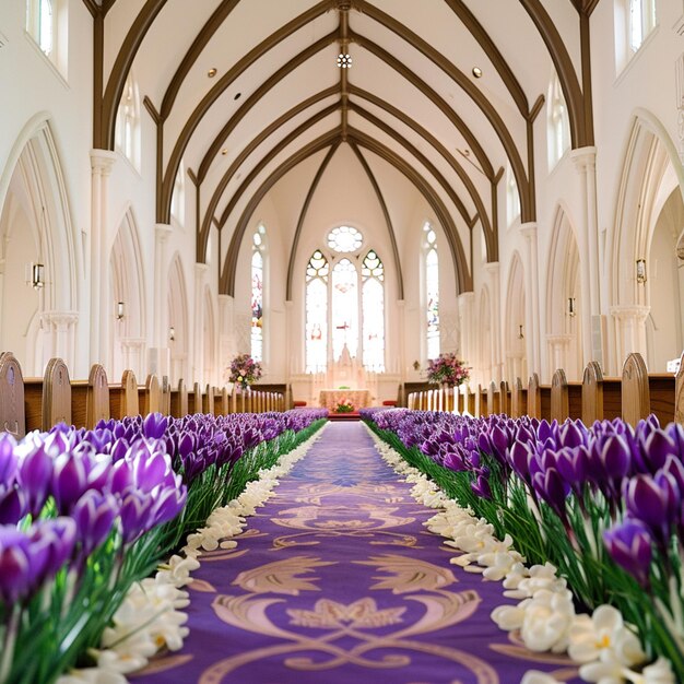 purple and white flowers in a church with a purple carpet