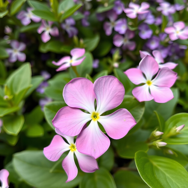 Photo purple and white flowers with yellow centers are growing in a garden