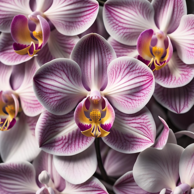 a purple and white orchid with a yellow center.