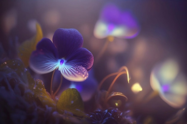 Purple and white violet flowers in soft fog close up