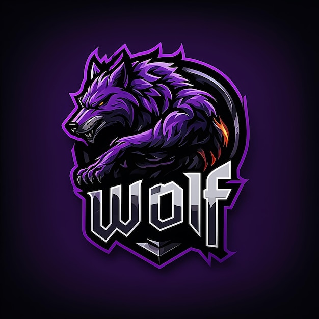 Purple Wolf Mascot Logo with Flaming Tail and Text