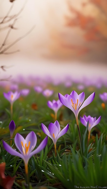 Purple and yellow crocus flowers in a field with a blurry background