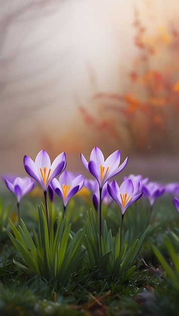 Photo purple and yellow crocus flowers in a field with a blurry background