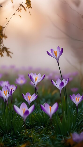 Photo purple and yellow crocus flowers in a field with a blurry background