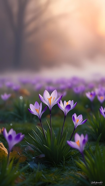 Purple and yellow crocus flowers in a field with a blurry background