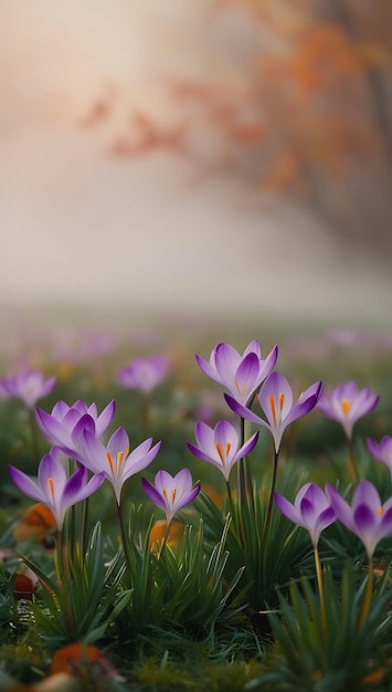 Purple and yellow crocus flowers in a field with a blurry background