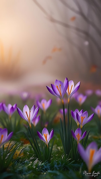 Photo purple and yellow crocus flowers in a field with a blurry background