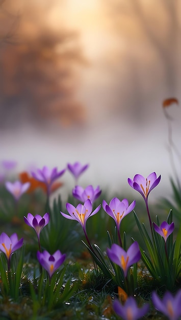 Purple and yellow crocus flowers in a field with a blurry background