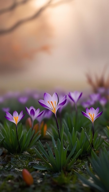 Purple and yellow crocus flowers in a field with a blurry background