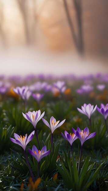 Purple and yellow crocus flowers in a field with a blurry background