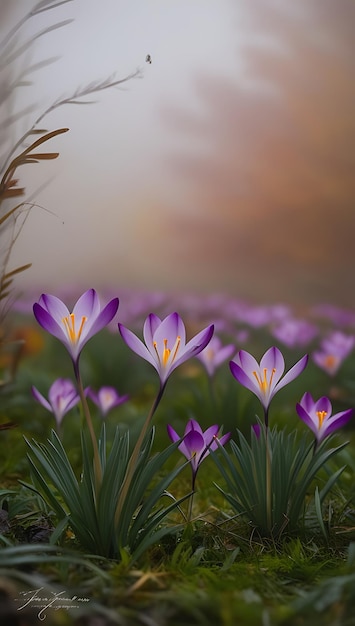 Purple and yellow crocus flowers in a field with a blurry background