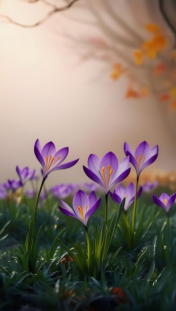 Photo purple and yellow crocus flowers in a field with a blurry background