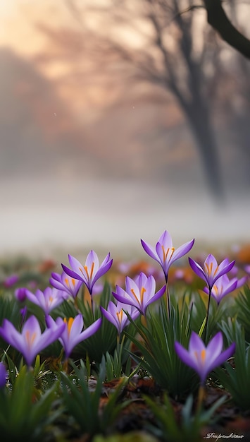 Purple and yellow crocus flowers in a field with a blurry background