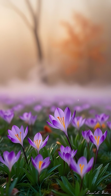 Purple and yellow crocus flowers in a field with a blurry background