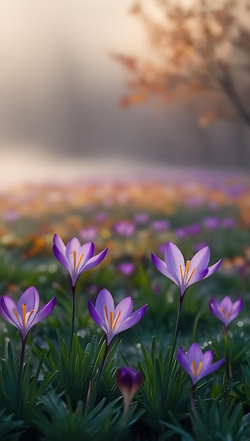 Purple and yellow crocus flowers in a field with a blurry background