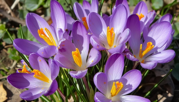 Photo purple and yellow crocus flowers with a yellow center