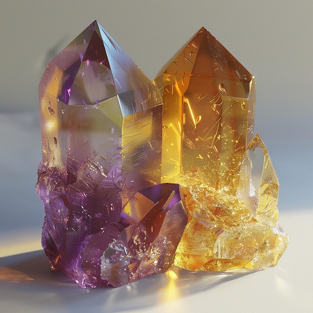 a purple and yellow cube of crystals sits on a white surface