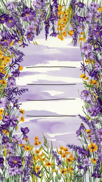 a purple and yellow field of flowers with the word spring