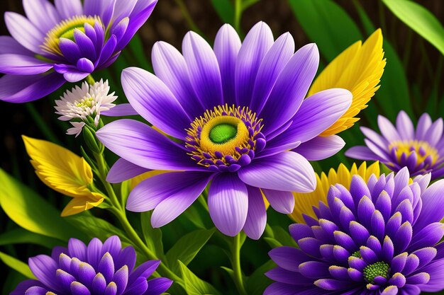 A purple and yellow flower is next to a green stem