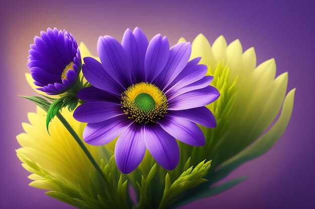 A purple and yellow flower is next to a green stem