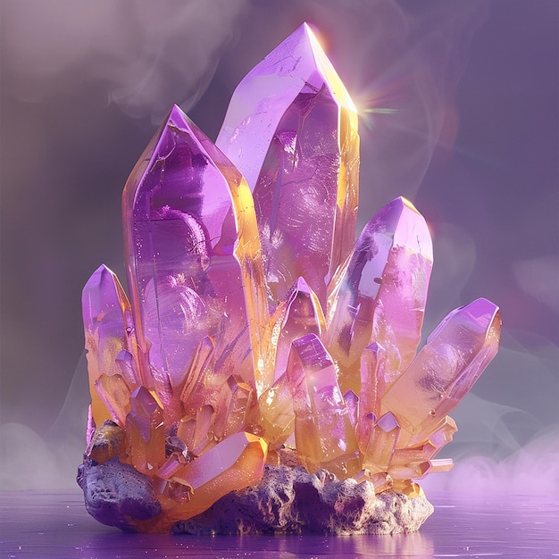 a purple and yellow glass sculpture with purple crystals on it