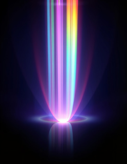 Photo a purple and yellow light is shown with a rainbow colored line