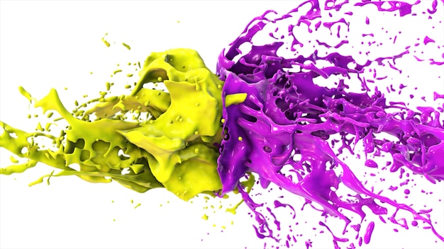 Photo purple and yellow liquid collide, drops splatter fly to the sides on a white isolated background