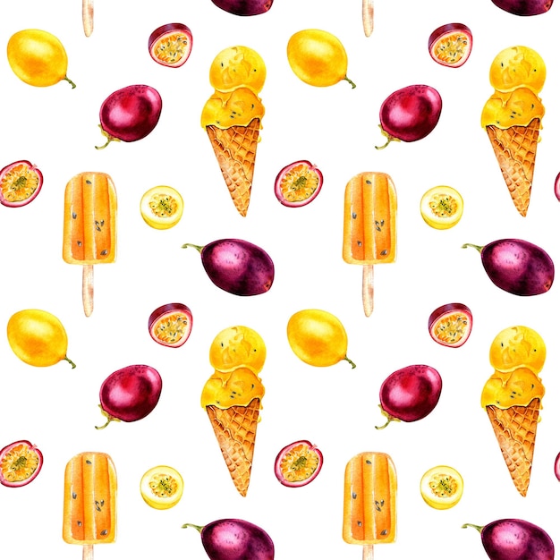 Purple yellow maracuja and icecream watercolor seamless pattern isolated on white background