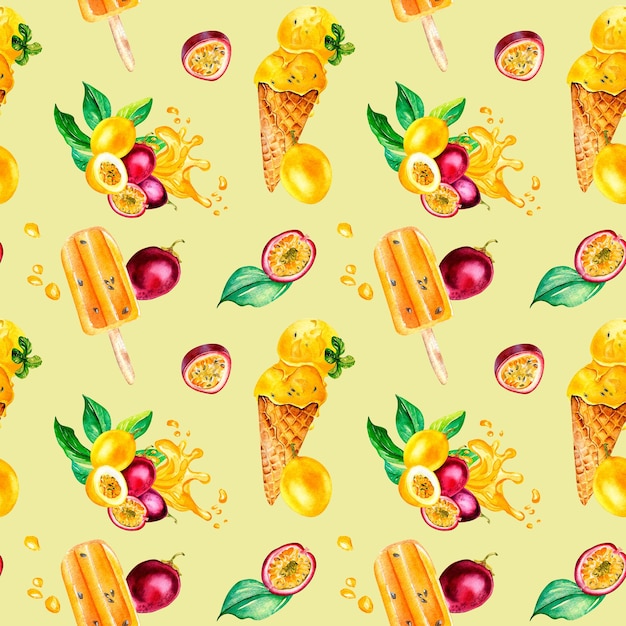 Purple yellow maracuja and icecream watercolor seamless pattern isolated on yellow background