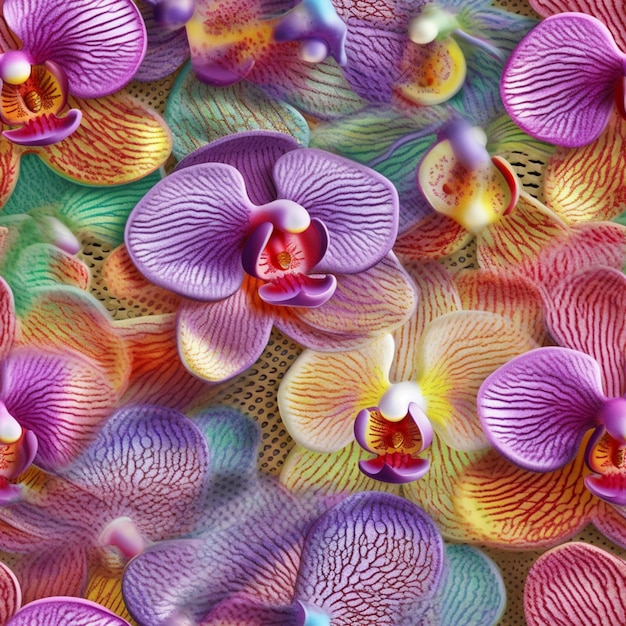 Purple and yellow orchids are arranged in a pattern generative ai