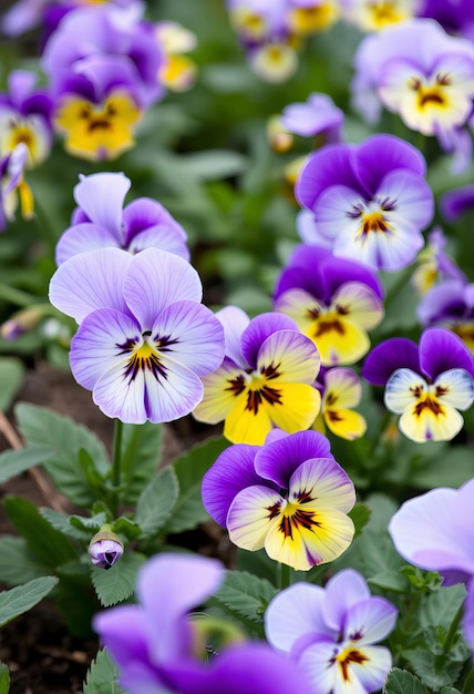 Photo purple and yellow pansies are growing in a garden