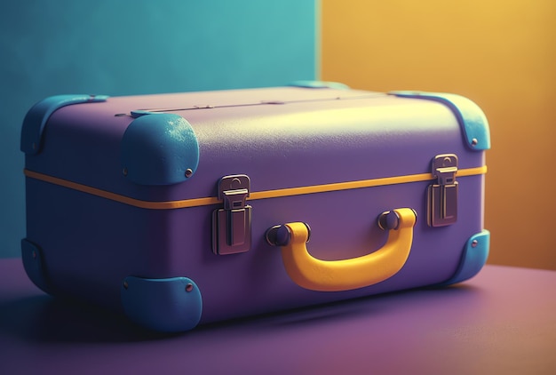 A purple and yellow suitcase with a yellow handle sits on a purple surface.